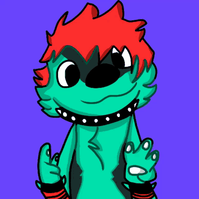 a cartoon drawing of a green monster with red hair and a black collar