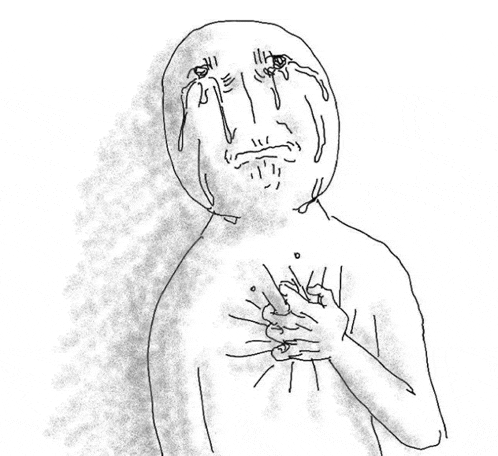 a black and white drawing of a man with tears running down his face holding his chest .