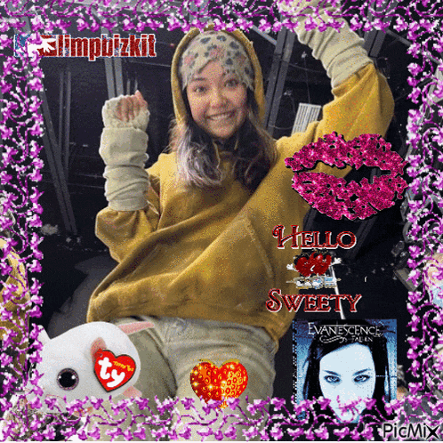a girl in a yellow hoodie is surrounded by pink flowers and a picture of evanescence