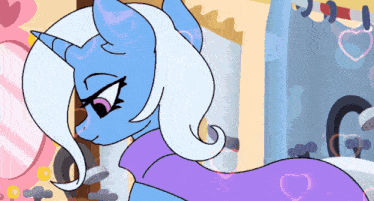 a cartoon drawing of a pony with hearts surrounding it