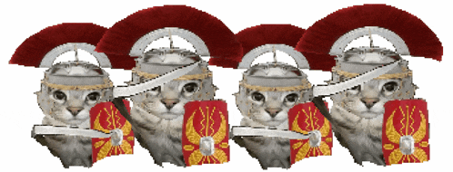 a row of cats wearing helmets and shields