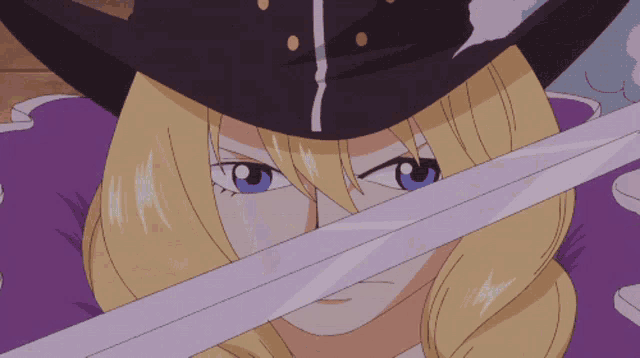 a woman with blonde hair and blue eyes is holding a white sword