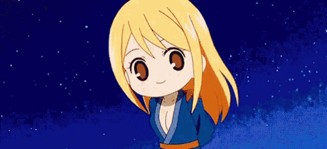 a cartoon girl with long blonde hair is wearing a blue kimono and smiling at the camera .