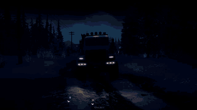 a truck is driving down a snowy road at night in a video game