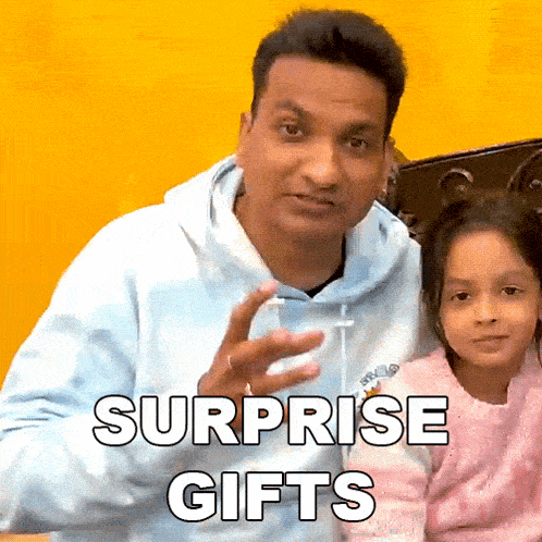 a man and a little girl are posing for a picture and the words surprise gifts are visible