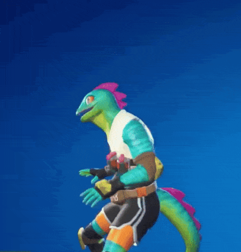 a lizard wearing a white shirt and black shorts is dancing