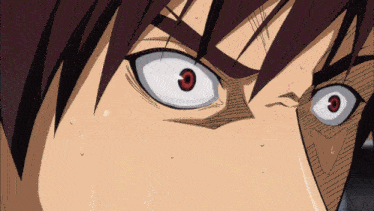 a close up of a person 's face with white eyes and red eyes