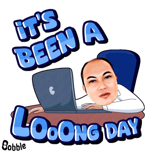 a cartoon of a man using a laptop with the words it 's been a looong day below him