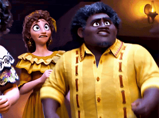 a man in a yellow shirt stands next to a woman