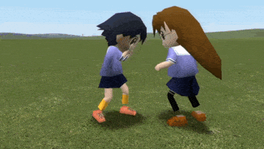 a couple of cartoon characters standing in a grassy field with one wearing a purple shirt