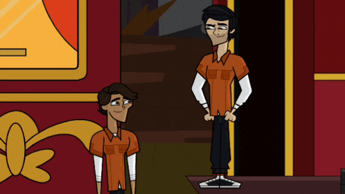 two cartoon characters standing next to each other in front of a red wall