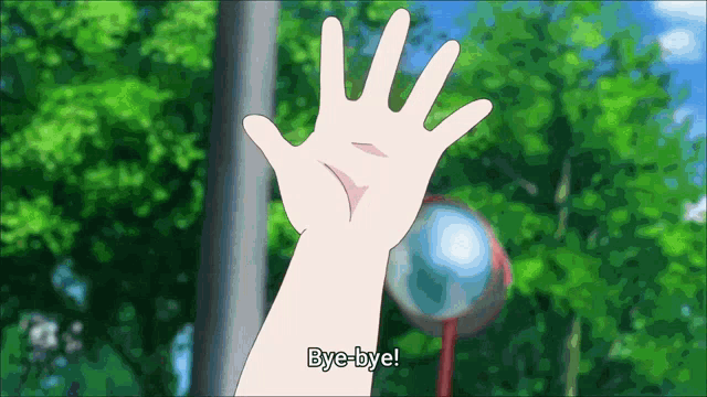 a cartoon hand waving with the words bye-bye written below it