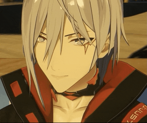 a close up of a person 's face with a red and black collar that says ' snm ' on it