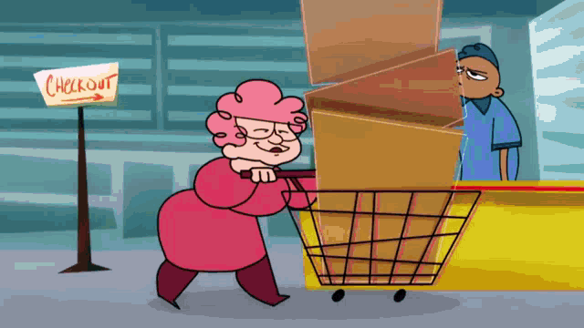 a cartoon of a woman pushing a shopping cart with a checkout sign in the background