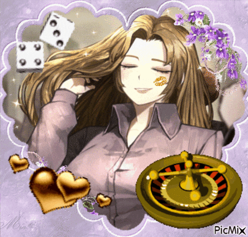 a picture of a woman with hearts and a roulette wheel with picmix written on the bottom
