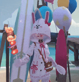 a cartoon character wearing a bunny hood holds a skewer of food