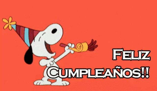 a cartoon of snoopy blowing a party horn with the words feliz cumpleanos on the bottom