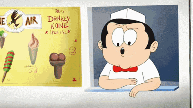 a cartoon character is standing in front of a sign that says " donkey kone special "