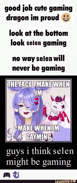 a picture of a girl with purple hair and a cat with the caption guys i think selen might be gaming .