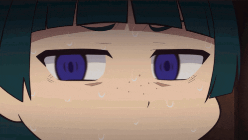 a close up of a person 's face with purple eyes and sweat coming out of them