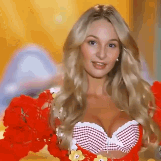 a blonde woman is wearing a red and white checkered bra and smiling .