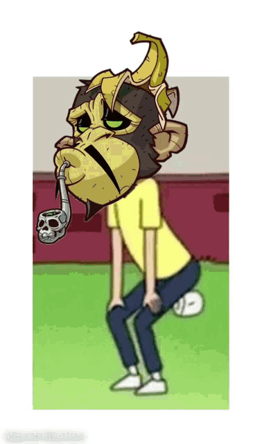 a cartoon of a man with a monkey mask on his head