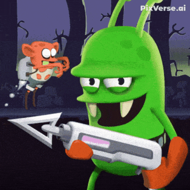 a cartoon of a green monster holding a syringe with pixverse.ai written on the bottom