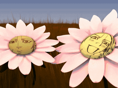 two pink daisies with faces on them are standing next to each other