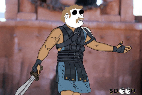 a cartoon drawing of a man holding a sword with a dollar sign below him