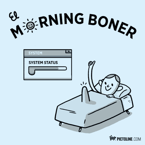 a cartoon of a man laying in bed with the words morning boner written above him