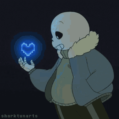 a drawing of a skeleton holding a pixel heart with the name sharktunarts written below it
