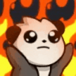 a cartoon panda is standing in front of a fire and making a face .