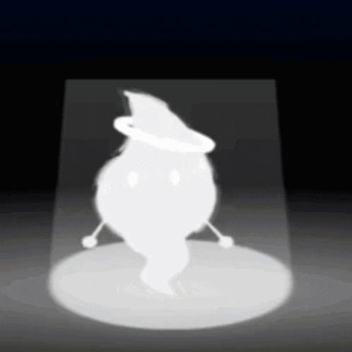 a white ghost with a witch hat and a halo around its head is standing in a dark room .