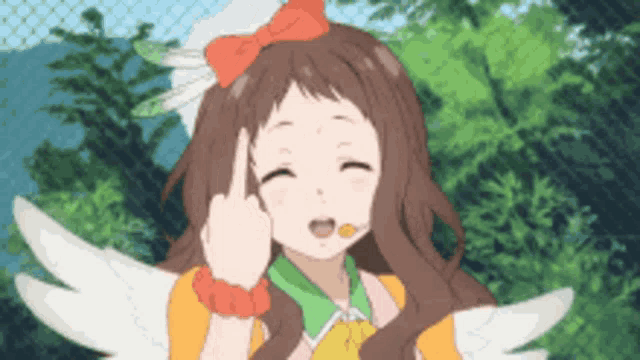 a girl with wings and a bow on her head is giving the middle finger