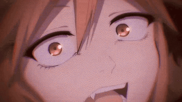 a close up of a person 's face with their mouth open and a purple background .