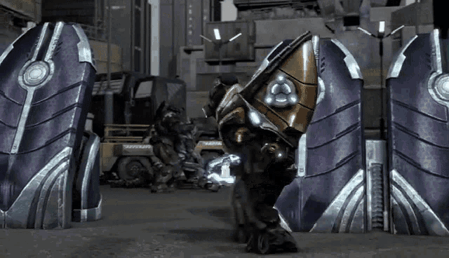 a video game character is standing in front of a row of purple shields