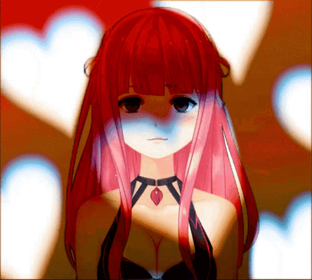 a girl with red hair and a choker stands in front of a heart shaped background
