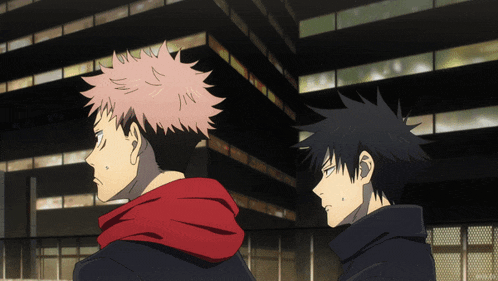 two anime characters are standing next to each other