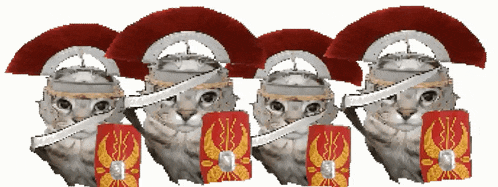 a row of cats wearing helmets and shields