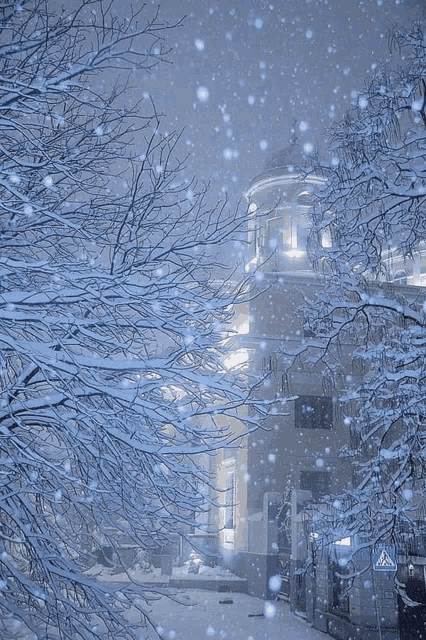 a snowy scene with a building in the background and a crosswalk sign in the foreground