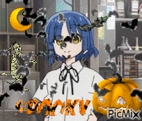 a girl with blue hair is surrounded by ghosts and a pumpkin with the word picmix on it