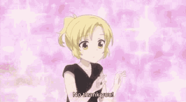 a girl in a black shirt is holding a pink heart in her hand and saying `` no thank you '' .