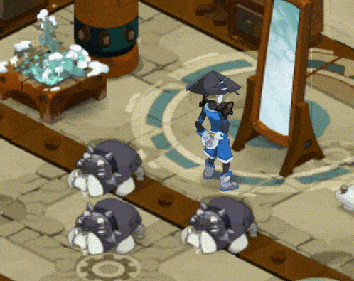 a cartoon character stands in front of a mirror in a room