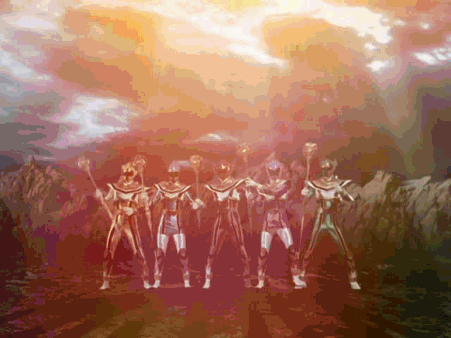 a group of cartoon characters standing in a line