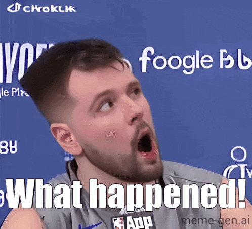 a man with a surprised look on his face and the words what happened below him