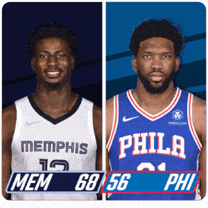 two basketball players from memphis and philadelphia are shown