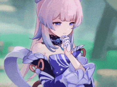 a girl with pink hair and blue eyes is wearing a purple dress and holding her hand to her chin .