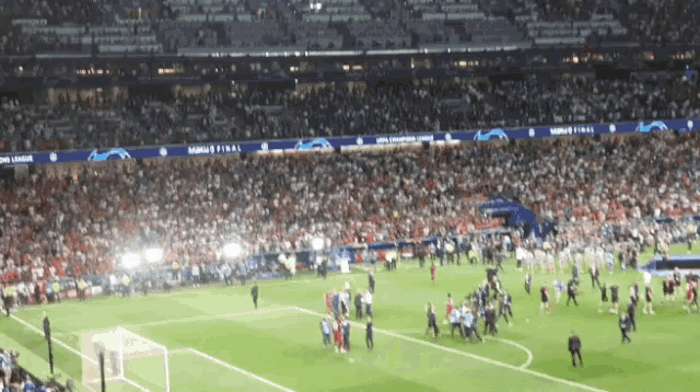 a soccer field with a banner that says champions league