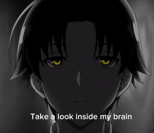 a black and white image of a boy with yellow eyes and the words take a look inside my brain below him