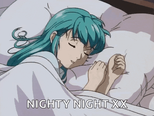a cartoon of a girl sleeping with the words nighty night xx below her